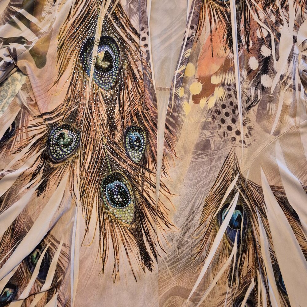 Jostar Peacock Feather Print Jacket • Open Front Draped Side • Rhinestone Detail - Picture 5 of 6